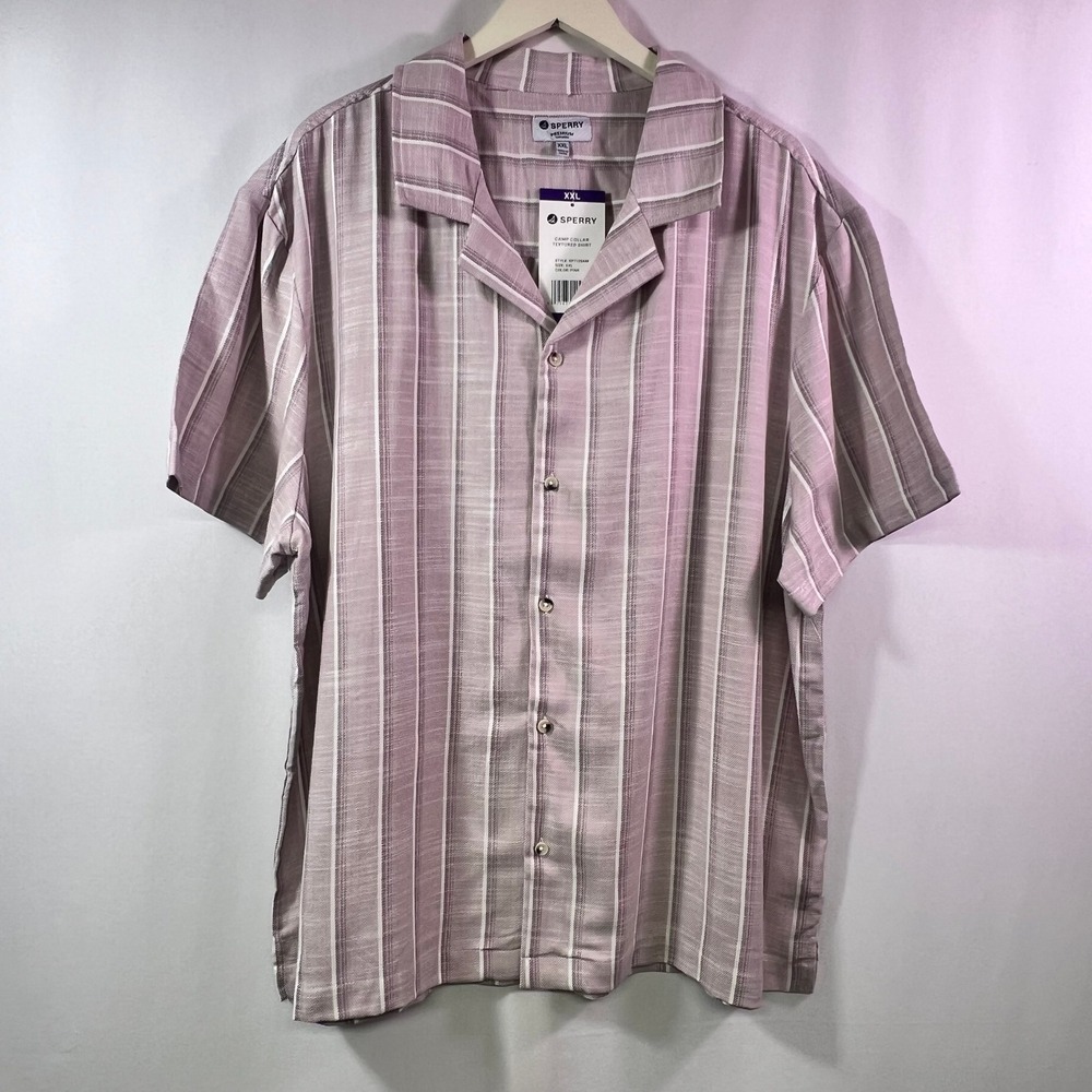 Sperry Mens Pink Striped Camp Collar Textured Short Sleeve Button Down Shirt XXL
